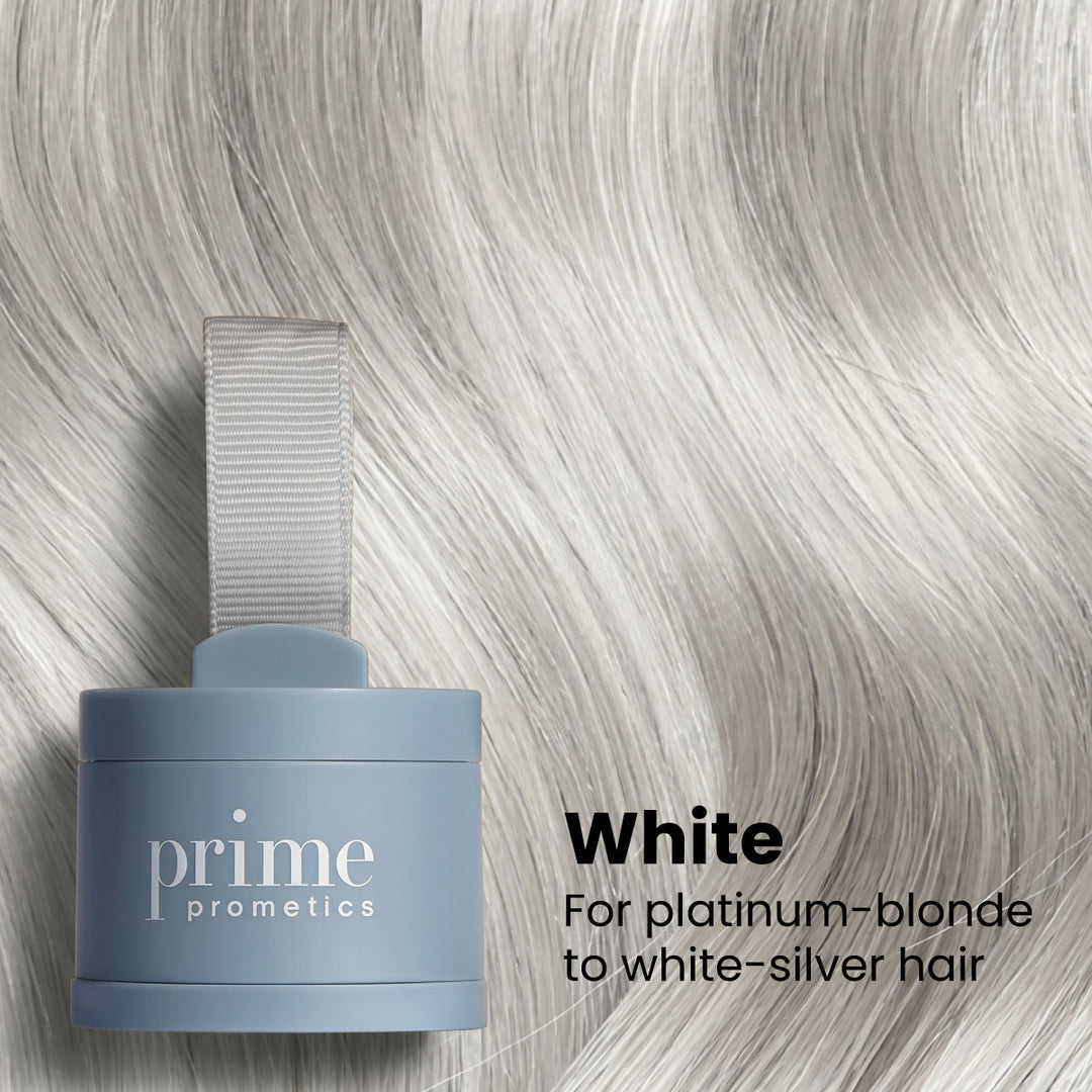 A blue container labeled prime prometics sits on platinum-blonde to white-silver hair. Text reads: White. For platinum-blonde to white-silver hair.