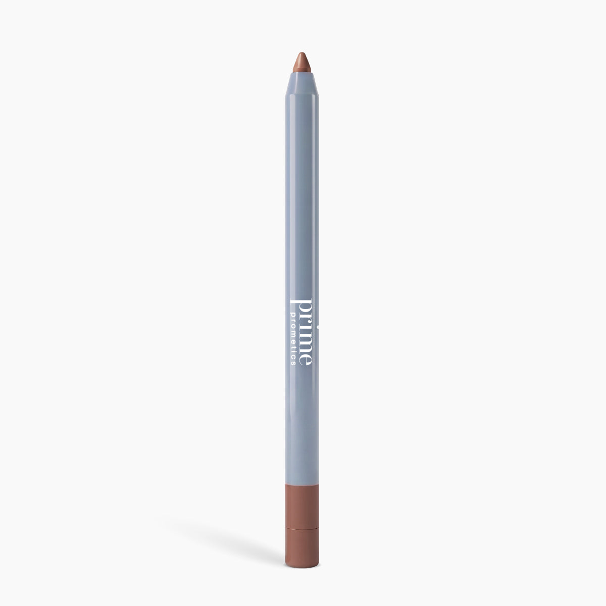 A taupe-brown PrimePrometics™ Velvet Lip Contour makeup pencil with a light blue body, brown cap, sharpened tip, and “Prime” in white text stands upright against a plain white background.
