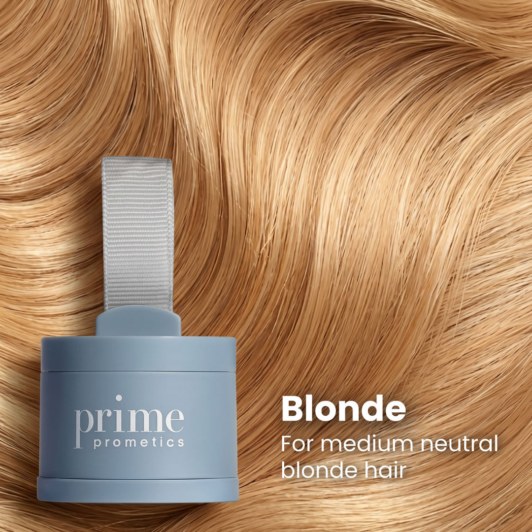 A blue Prime Prometics hair product container sits on wavy, medium neutral blonde hair. Text reads: Blonde. For medium neutral blonde hair.