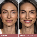 Side-by-side photos of a woman before and after lipstick. On the right, she wears Velvet Lip Contour by PrimePrometics™, showing how this lip liner for mature lips beautifully defines her smile.