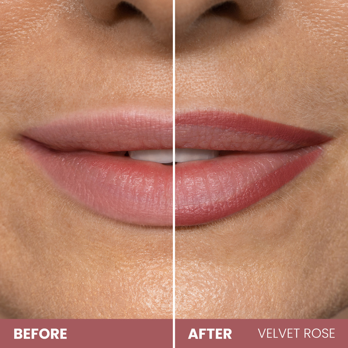 Close-up of a woman's lips, split in half. Left side: natural lips labeled "Before." Right side: lips with PrimePrometics™ Velvet Lip Contour in pinkish-mauve, labeled "After Velvet Rose." Skin texture is visible.