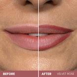 Close-up of a woman's lips, split in half. Left side: natural lips labeled "Before." Right side: lips with PrimePrometics™ Velvet Lip Contour in pinkish-mauve, labeled "After Velvet Rose." Skin texture is visible.