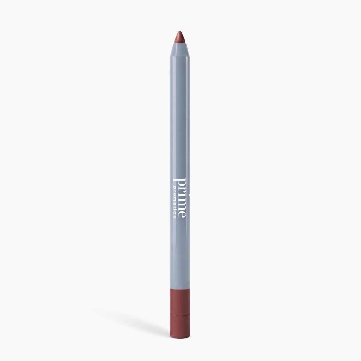A mauve Velvet Lip Contour pencil by PrimePrometics™, featuring a light blue body and white branding, stands upright on a white background—an ideal lip liner for mature lips.