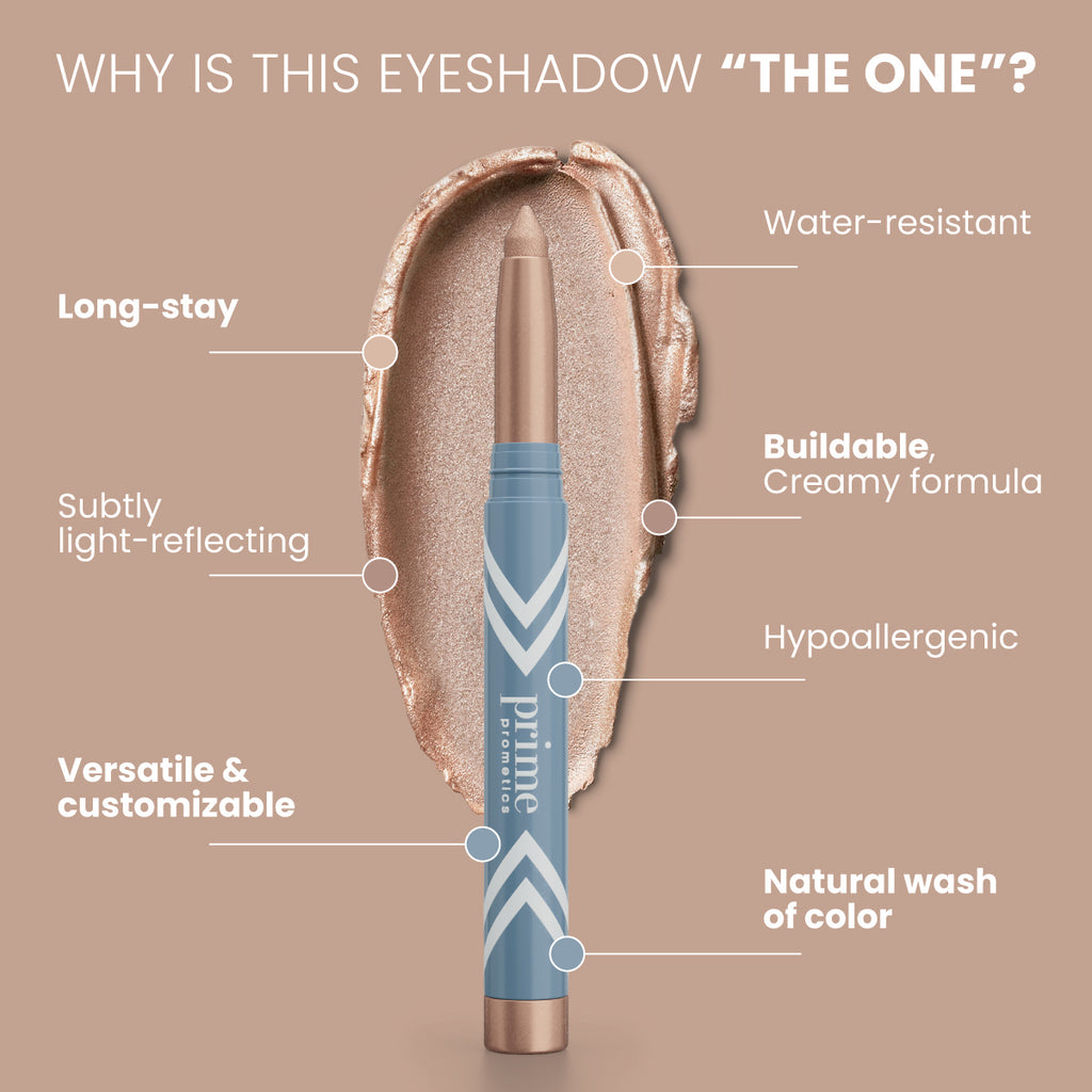 Prime Prometics PrimeEyes Eye Brightener features: long-stay, subtly light-reflecting, versatile and customizable, water-resistant, buildable creamy formula, hypoallergenic, with a natural wash of color