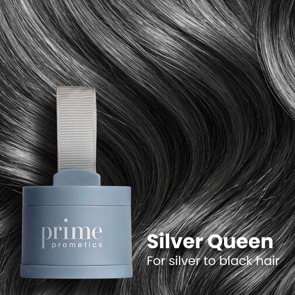 A gray container labeled prime prometics sits in front of wavy, silver-black hair. Text reads Silver Queen For silver to black hair.