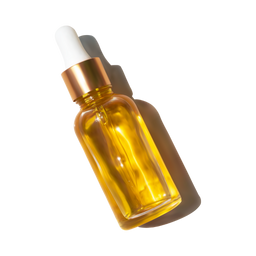 A clear glass dropper bottle filled with golden-yellow liquid, featuring a white rubber top and a metallic gold cap, is shown on a white background with a shadow cast to the right.