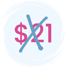 A pink dollar sign and the number 21 are crossed out with a large blue X on a light background.
