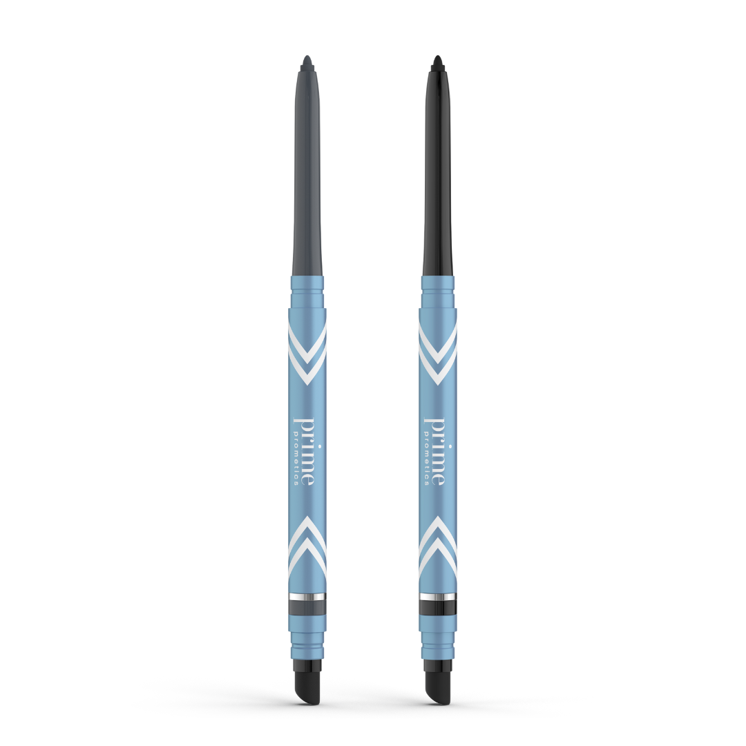 Two blue PrimePrometics™ PrimeEyes Glide Eyeliner pencils stand upright on a white background—a pro-age eyeliner duo ideal for mature eyelids.