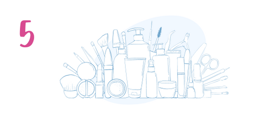 Illustration of various makeup and beauty products, including brushes, bottles, scissors, and tubes, arranged together. A large pink number 5 is on the left side of the image.