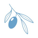 Simple blue line drawing of an olive branch with three leaves and a single olive on a light gray background.
