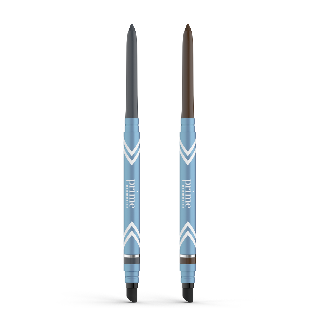 PrimePrometics™ 2pcs PrimeEyes Glide Eyeliner set includes blue retractable pencils with chevron designs and smudger tips in dark grey and brown. Water-resistant, perfect for mature eyelids, ensuring smooth, all-day pro-age application.