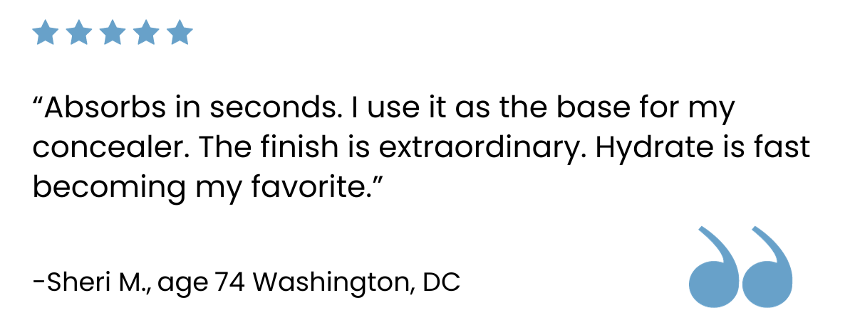 Five blue stars above a customer review that reads: “Absorbs in seconds. I use it as the base for my concealer. The finish is extraordinary. Hydrate is fast becoming my favorite.” –Sheri M., age 74, Washington, DC.