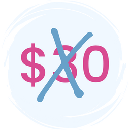Pink text displays $30 with a large blue X drawn over it, indicating that the $30 price is canceled or no longer applicable, all set on a light background.