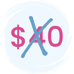 A pink dollar sign and the number 40 are crossed out with a large blue X on a light background, indicating the price is no longer $40.