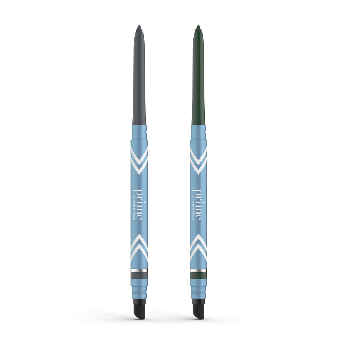 Two blue PrimePrometics™ 2pcs PrimeEyes Glide Eyeliners with chevron pattern, black smudgers, and exposed tips (dark gray & dark green) stand upright on white; ideal eyeliner for mature eyelids.