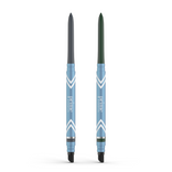 Two blue PrimePrometics™ 2pcs PrimeEyes Glide Eyeliners with chevron pattern, black smudgers, and exposed tips (dark gray & dark green) stand upright on white; ideal eyeliner for mature eyelids.