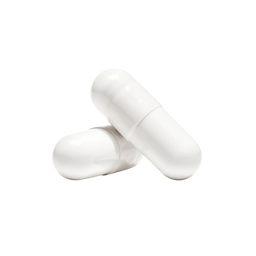 Two plain white capsules are arranged on a clean, light gray background, with one capsule lying down and the other leaning against it.