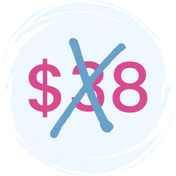 A pink dollar sign and the number 38 are crossed out with a large blue X, indicating a price reduction or discount. The background is light blue with faint circular patterns.