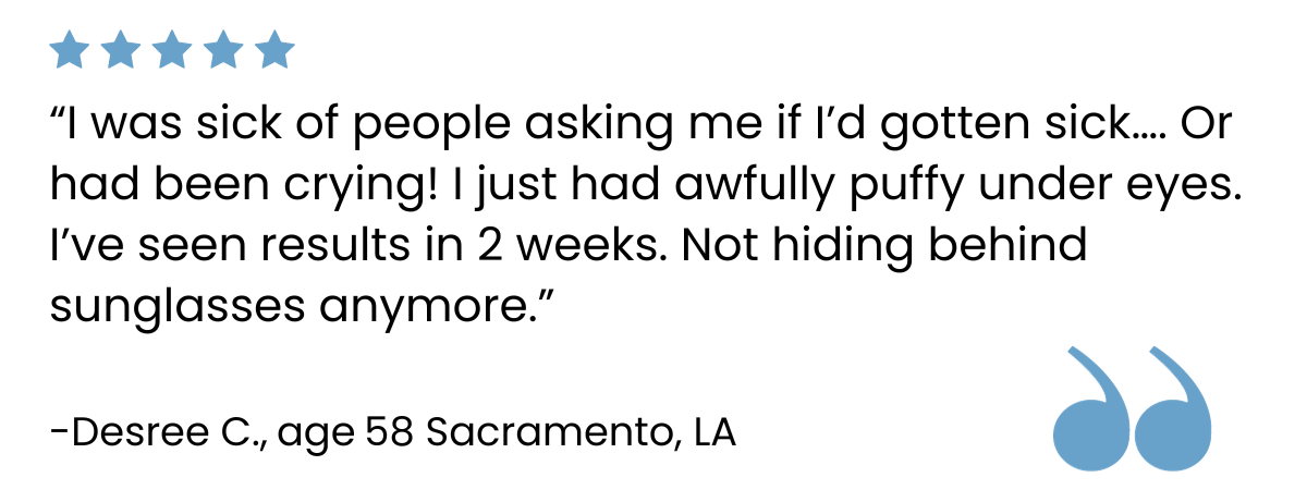 A five-star review from Desree C., age 58, Sacramento, LA, saying she saw results in 2 weeks for her puffy under eyes and no longer hides behind sunglasses.