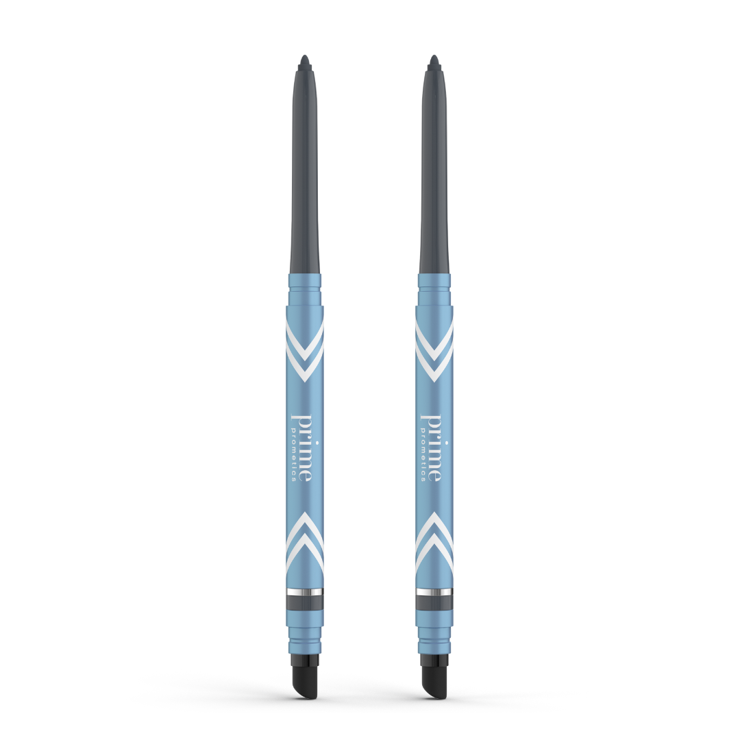 Two blue PrimePrometics™ 2pcs PrimeEyes Glide Eyeliners with dark tips and angled white stripes, shown upright. "Prime" printed on the barrels. Ideal pro-age eyeliner for mature eyelids and smooth, water-resistant wear.