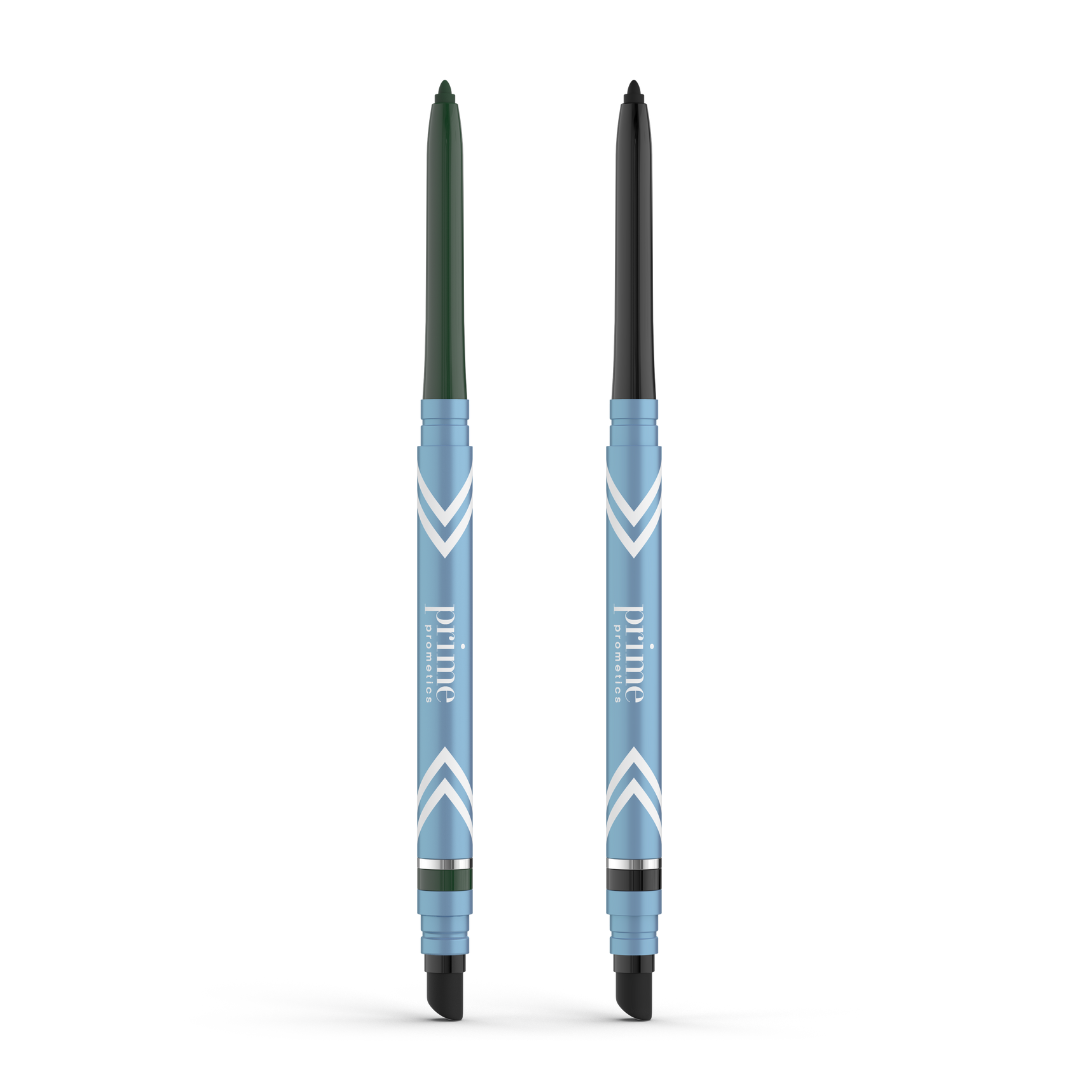 The 2pcs PrimeEyes Glide Eyeliner set by PrimePrometics™ includes retractable, smudge-tip eyeliners with blue barrels and silver accents—one water-resistant black, one dark green—ideal for mature eyelids.
