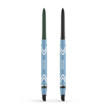 The 2pcs PrimeEyes Glide Eyeliner set by PrimePrometics™ includes retractable, smudge-tip eyeliners with blue barrels and silver accents—one water-resistant black, one dark green—ideal for mature eyelids.