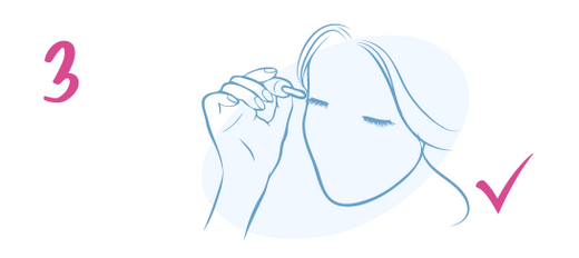 Line drawing of a person applying something to their closed eyelid with their hand, a pink number 3 on the left, and a pink checkmark on the right.