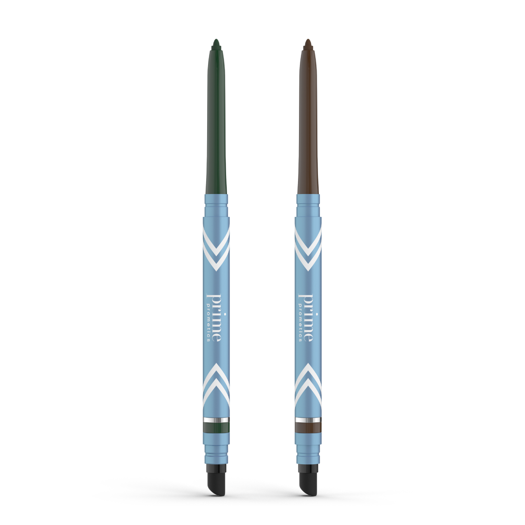 Two PrimePrometics™ PrimeEyes Glide Eyeliners with blue and silver chevron barrels stand upright. Each has a water-resistant formula (dark green, dark brown), ideal for mature lids, and features a black smudger end.