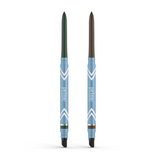Two PrimePrometics™ PrimeEyes Glide Eyeliners with blue and silver chevron barrels stand upright. Each has a water-resistant formula (dark green, dark brown), ideal for mature lids, and features a black smudger end.