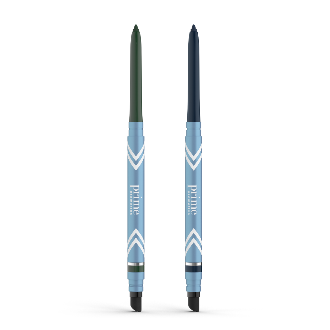 The 2pcs PrimeEyes Glide Eyeliner by PrimePrometics™ features two blue retractable pencils with smudgers, one with a dark green tip and one dark blue, each decorated with white chevrons and “prime” on the barrel—ideal for mature eyelids.