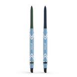 The 2pcs PrimeEyes Glide Eyeliner by PrimePrometics™ features two blue retractable pencils with smudgers, one with a dark green tip and one dark blue, each decorated with white chevrons and “prime” on the barrel—ideal for mature eyelids.