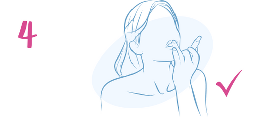 Line drawing of a woman applying lip balm or lipstick, with the number 4 and a checkmark beside her to indicate step four in a process.