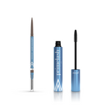 The PrimePrometics™ PrimeBrow Pencil + PrimeLash Mascara, with a spoolie and blue mascara wand, stand upright against a white background.