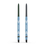 Two blue PrimePrometics™ PrimeEyes Glide Eyeliner pencils stand upright, each with a white chevron design. The left pencil has a green tip, the right a gray tip. Both include smudgers and are ideal water-resistant eyeliner for mature eyelids.