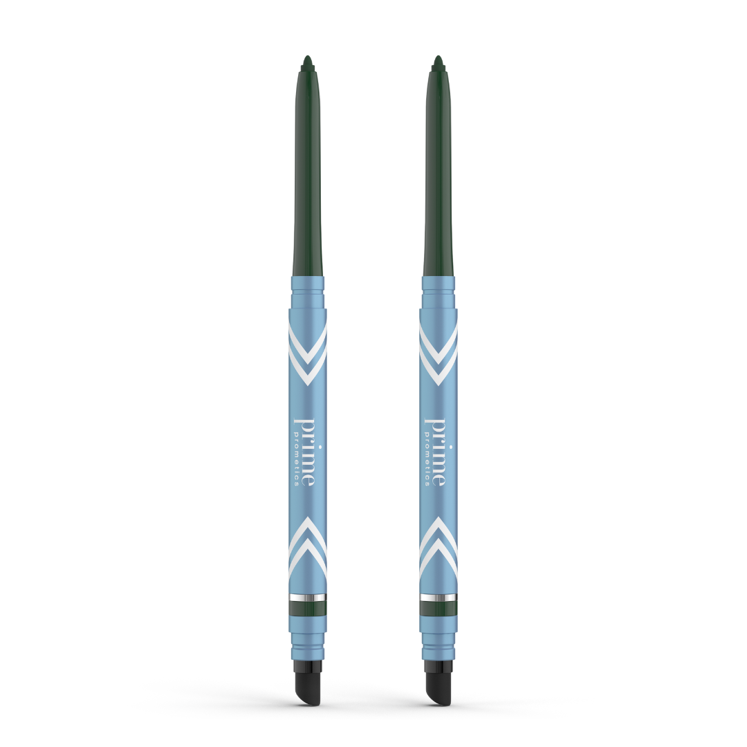 Two PrimePrometics™ PrimeEyes Glide Eyeliners stand upright on a white background. Each retractable blue pencil features a dark green tip labeled "prime" or "essence," water-resistant formula, and has a smudger at the opposite end.