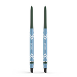 Two PrimePrometics™ PrimeEyes Glide Eyeliners stand upright on a white background. Each retractable blue pencil features a dark green tip labeled "prime" or "essence," water-resistant formula, and has a smudger at the opposite end.