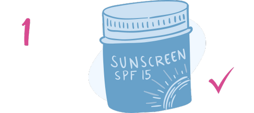 Illustration of a blue sunscreen container labeled Sunscreen SPF 15 with a sun graphic, a pink number 1 on the left, and a pink check mark on the right.