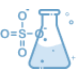 A blue line drawing of a laboratory flask filled with liquid, next to a chemical structure with a sulfur atom double-bonded to two oxygens and single-bonded to another oxygen; bubbles surround the flask.