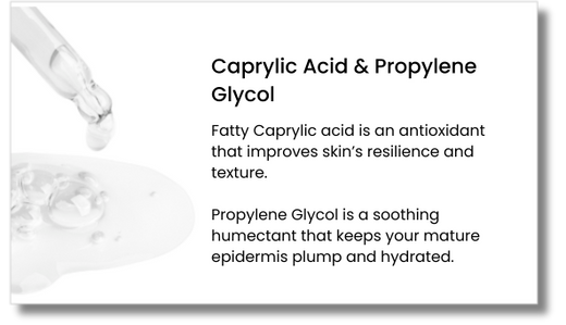 A dropper releases liquid onto a white surface with gel-like drops. Text explains benefits of caprylic acid as an antioxidant for skin, and propylene glycol as a hydrating humectant for mature skin.