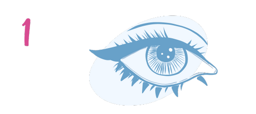 Illustration of a blue eye with long lashes, outlined in blue, next to a pink number 1 on a light background.