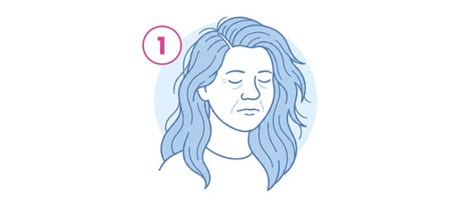 A simple line drawing of a person with long hair and closed eyes, looking calm. A pink circle with the number 1 is near their head, indicating the first step in a sequence.