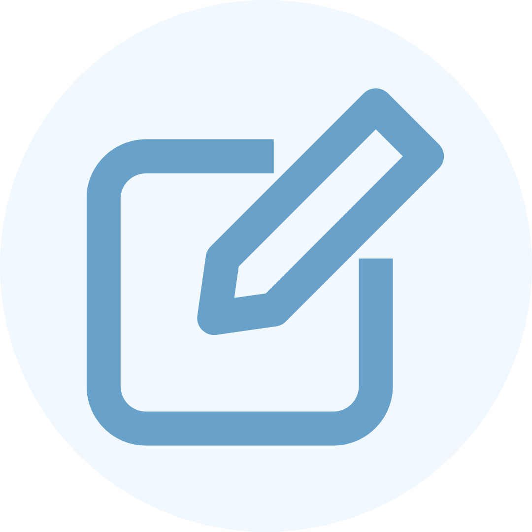 A blue icon of a pencil overlapping a square, symbolizing the action to edit or write, on a light circular background.