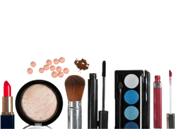 A collection of makeup items arranged in a row, including lipstick, face powder, blush pearls, a makeup brush, mascara, eyeshadow palette, and lip gloss, all on a white background.
