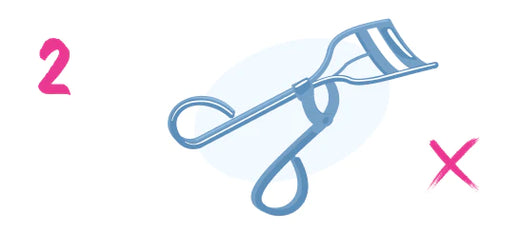 Illustration of a blue eyelash curler in the center, with a pink number 2 on the left and a pink X on the right, against a white background.
