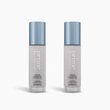 Two bottles of PrimePrometics™ 2pcs Color Changing Foundation with blue caps are shown side by side on a white background. The frosted glass bottles feature minimalist text highlighting their buildable, self-adjusting formula.