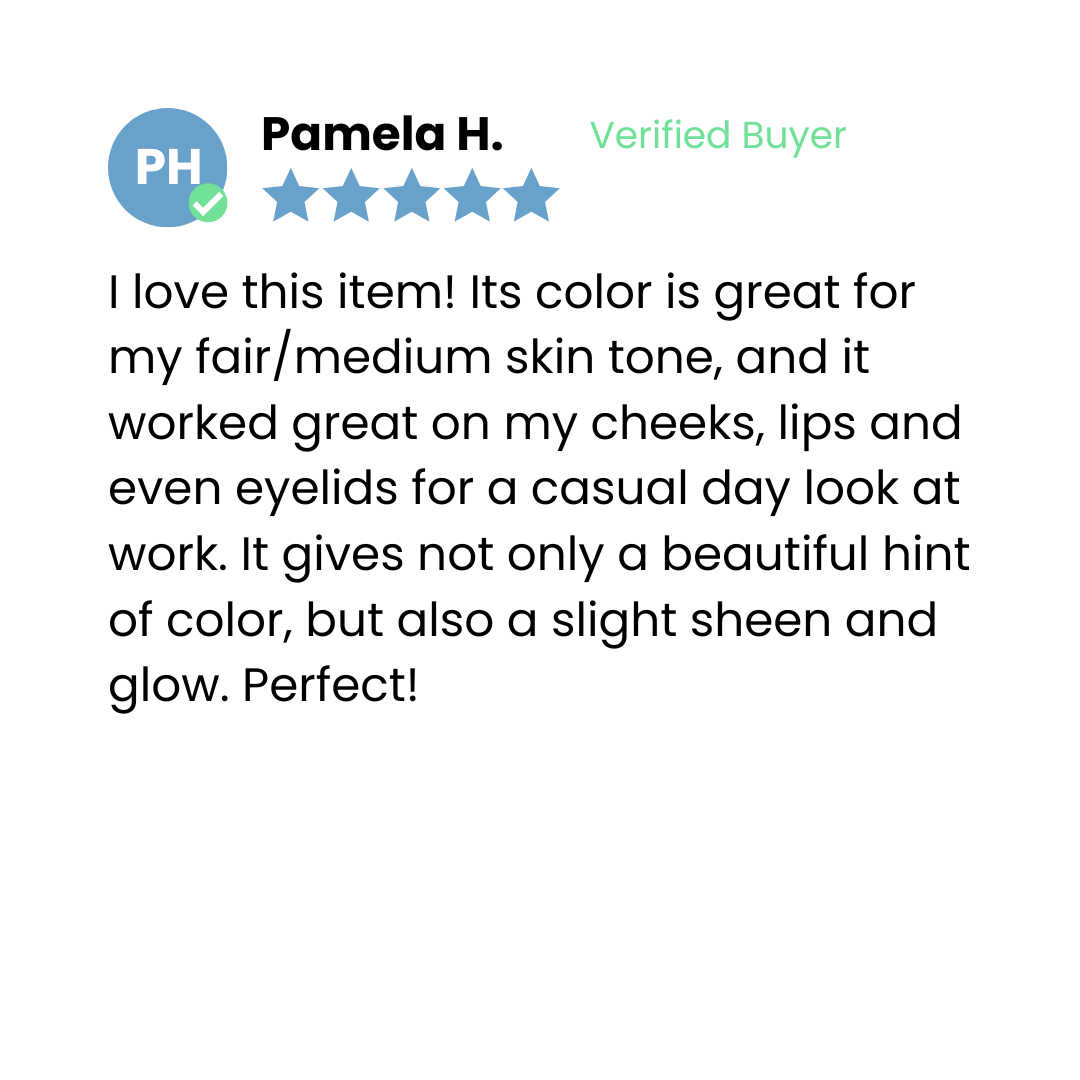 A customer review by Pamela H., a verified buyer, with a 5-star rating praising a makeup items color for fair/medium skin, its versatility on cheeks, lips, and eyelids, and its hint of color and sheen.