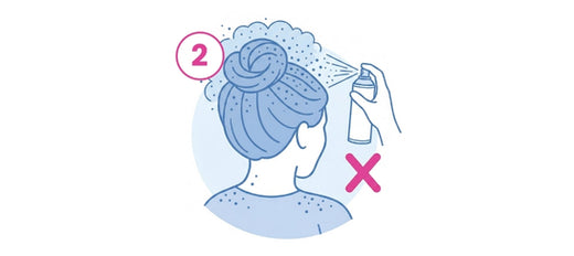 Illustration of a person with hair in a bun, spraying a can onto their head. A large X and the number 2 are displayed, indicating this is the wrong way to use the spray.