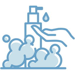 A blue line drawing of a hand using a soap dispenser with bubbles and foam around the bottle, illustrating handwashing and hygiene.