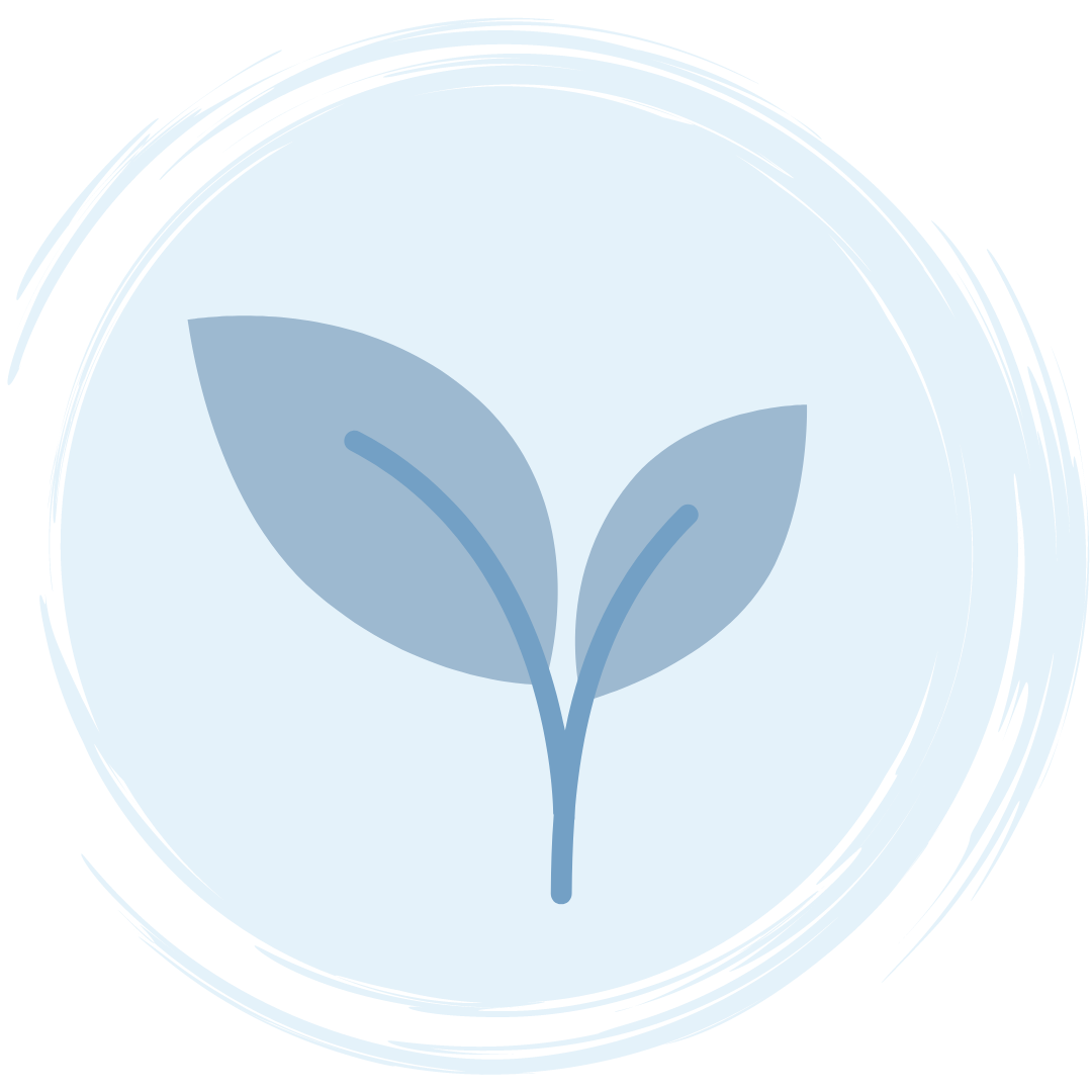 A simple blue icon of a plant with two leaves, centered on a light blue circular background with soft, sketch-like circular lines around the edge.