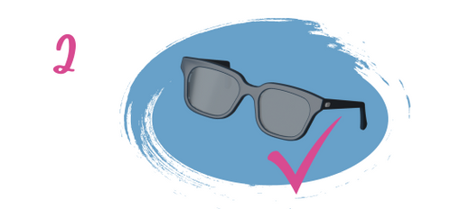 Illustration of black sunglasses on a blue, paint-like oval background with a large pink check mark beside them and the number 2 in pink on the left.